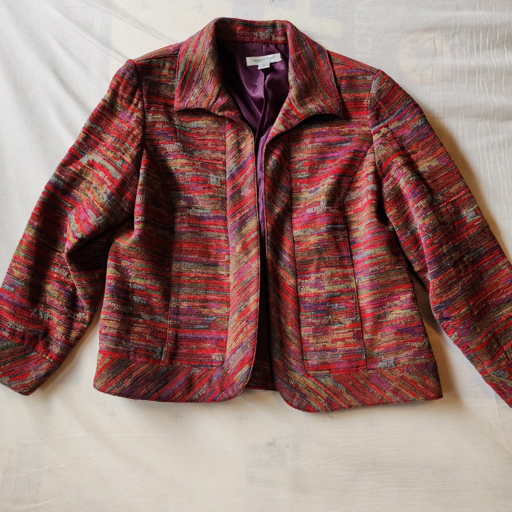 Coldwater Creek Red Multi Striped Open Front Blazer Jacket Petite Large PL Boho